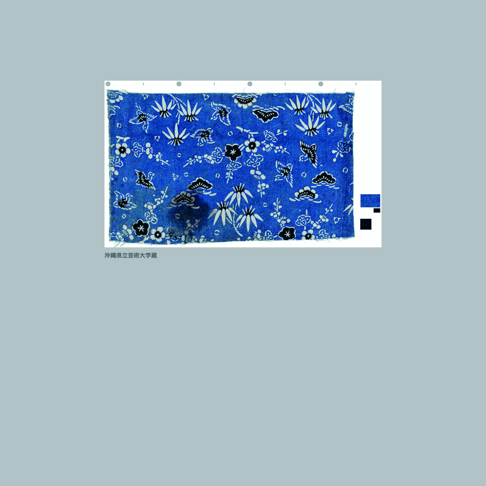 318 木綿深浅地梅竹松鳥散らし模様藍型見本