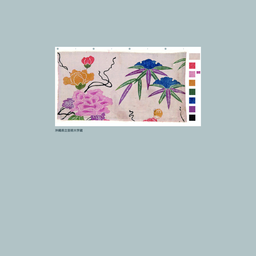 418 木綿花色地牡丹雪持ち笹模様紅型見本