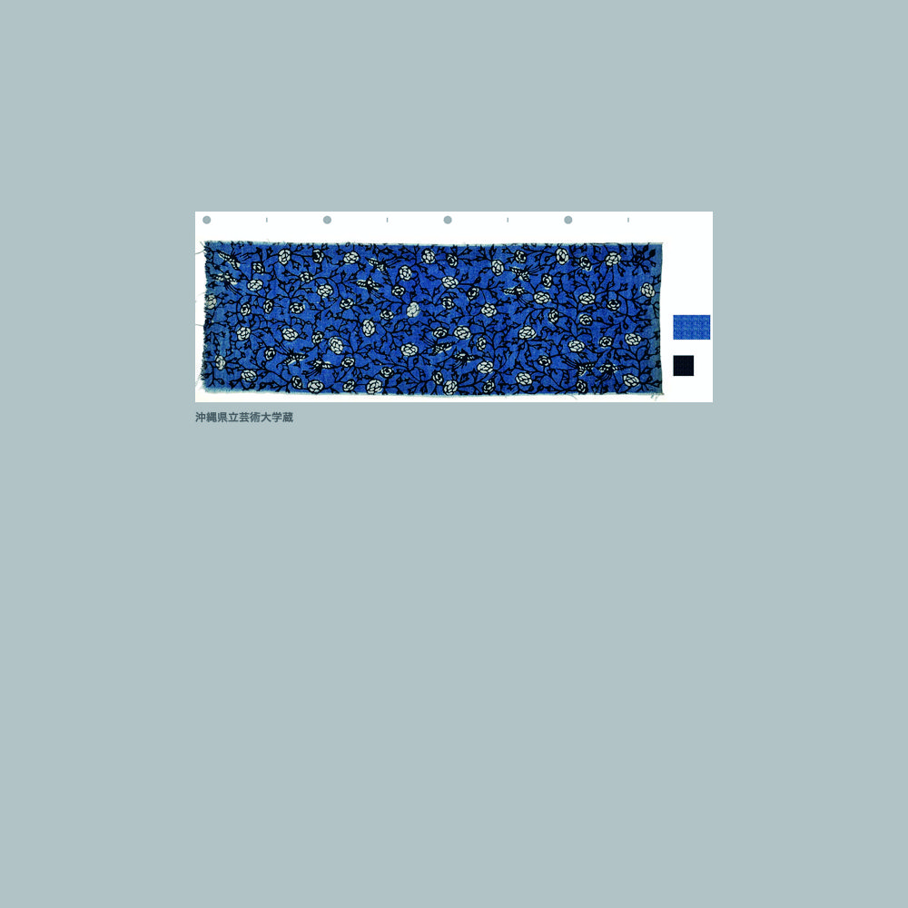 519 木綿深浅地牡丹尾長鳥繋ぎ模様藍型見本