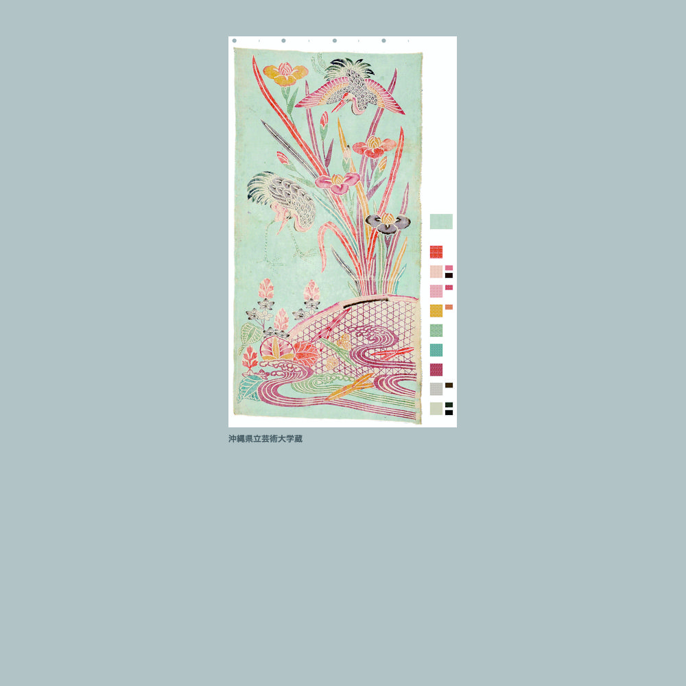 E 木綿水色地菖蒲鶴蛇籠流水葵沢瀉模様紅型見本